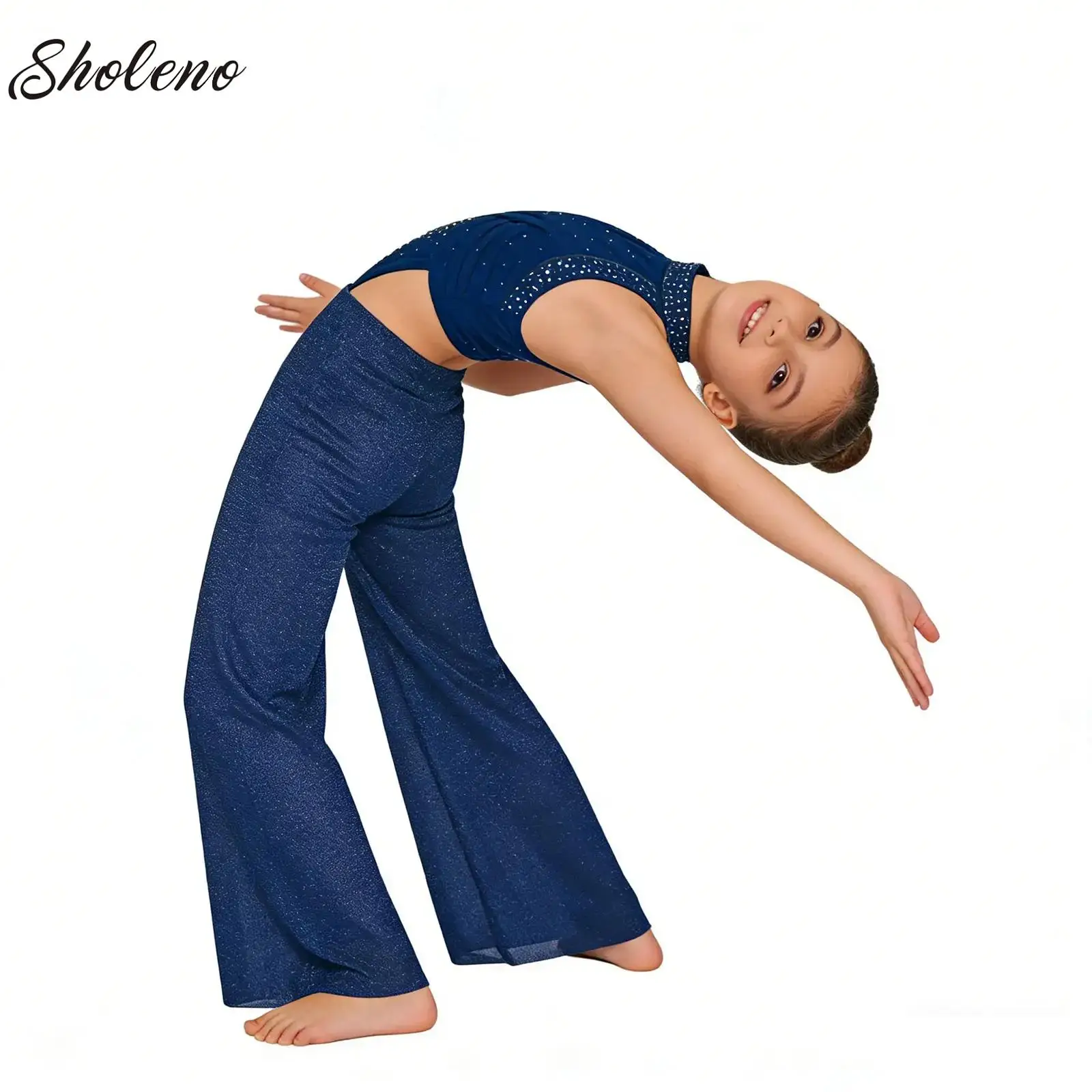 

Big Girls Shimmery Gymnastic Jersey Ballet Jumpsuit Dresses Kids Sleeveless Wide-Leg One-piece Dance Modern Contemporary Costume