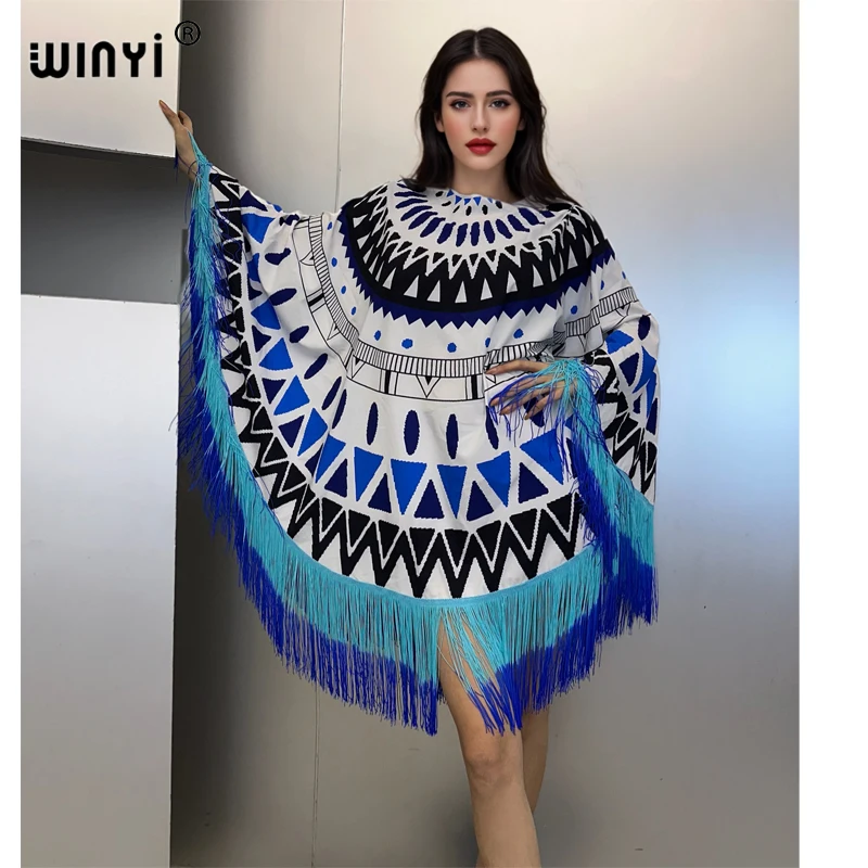 WINYI Fashion Gradual fringe cloak beach Cover-up Elegant fashion maxi kaftan sexy Holiday African wamen evening dress