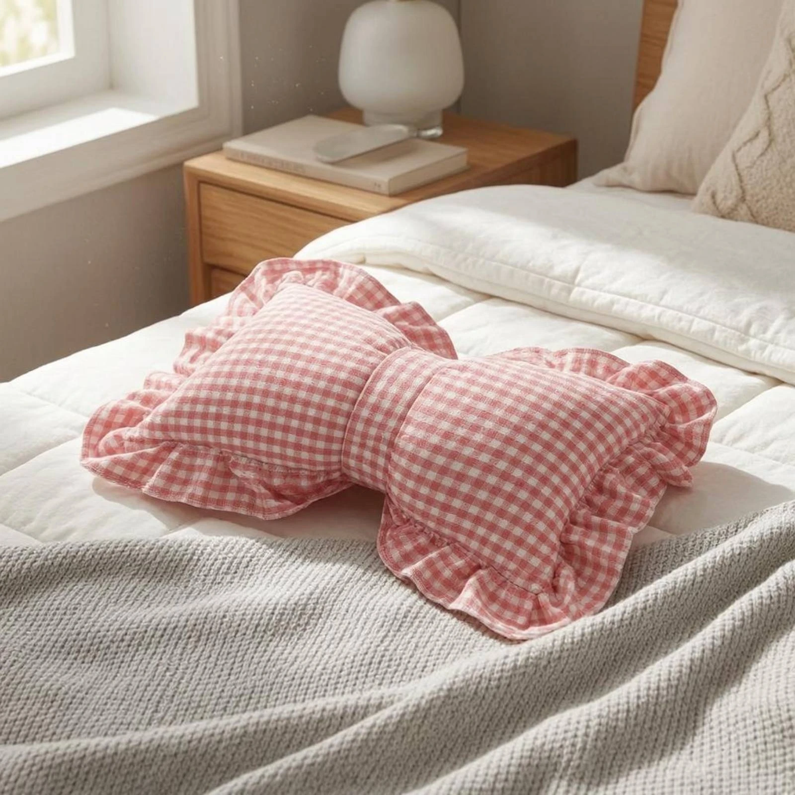 Bow-Shaped Pillow Cover and Insert Ruffle Trim Pillow House Decoration Soft Home Decor