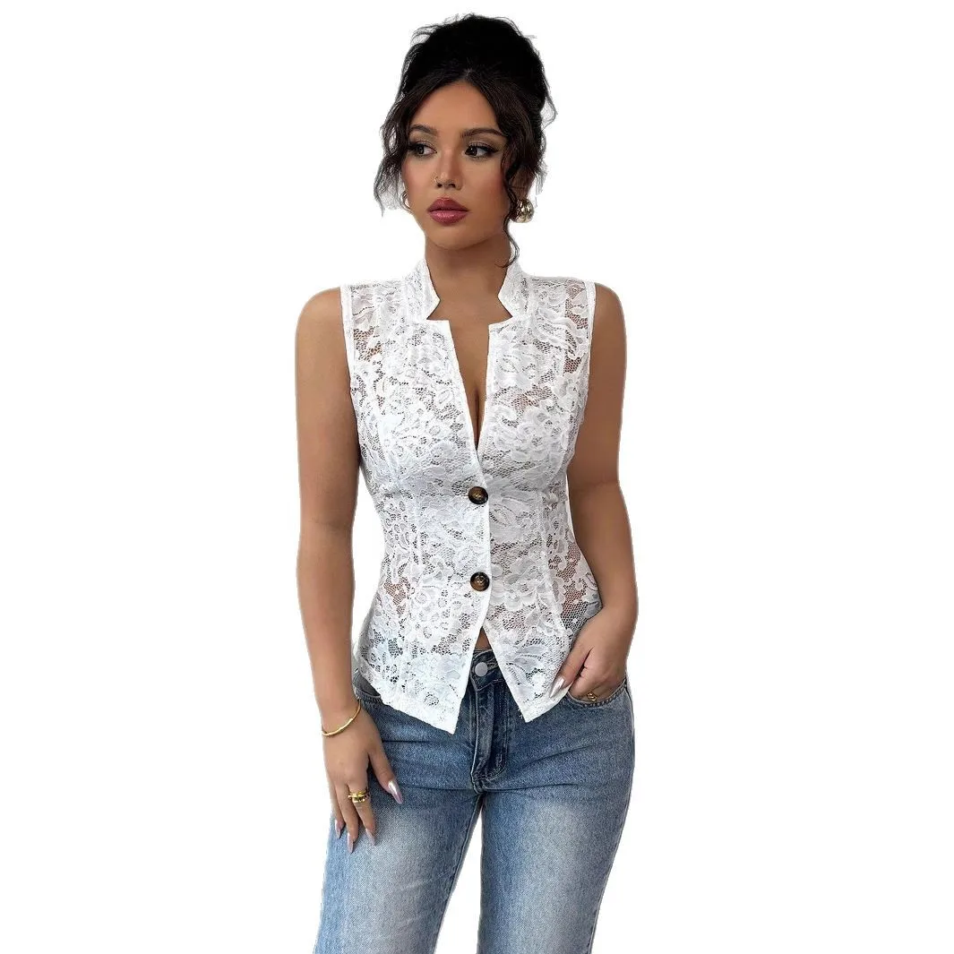 2026 New Sexy Light and Familiar Hollow Chest Jacquard Design Perspective Lapel Tight Lace Cardigan Cw29491