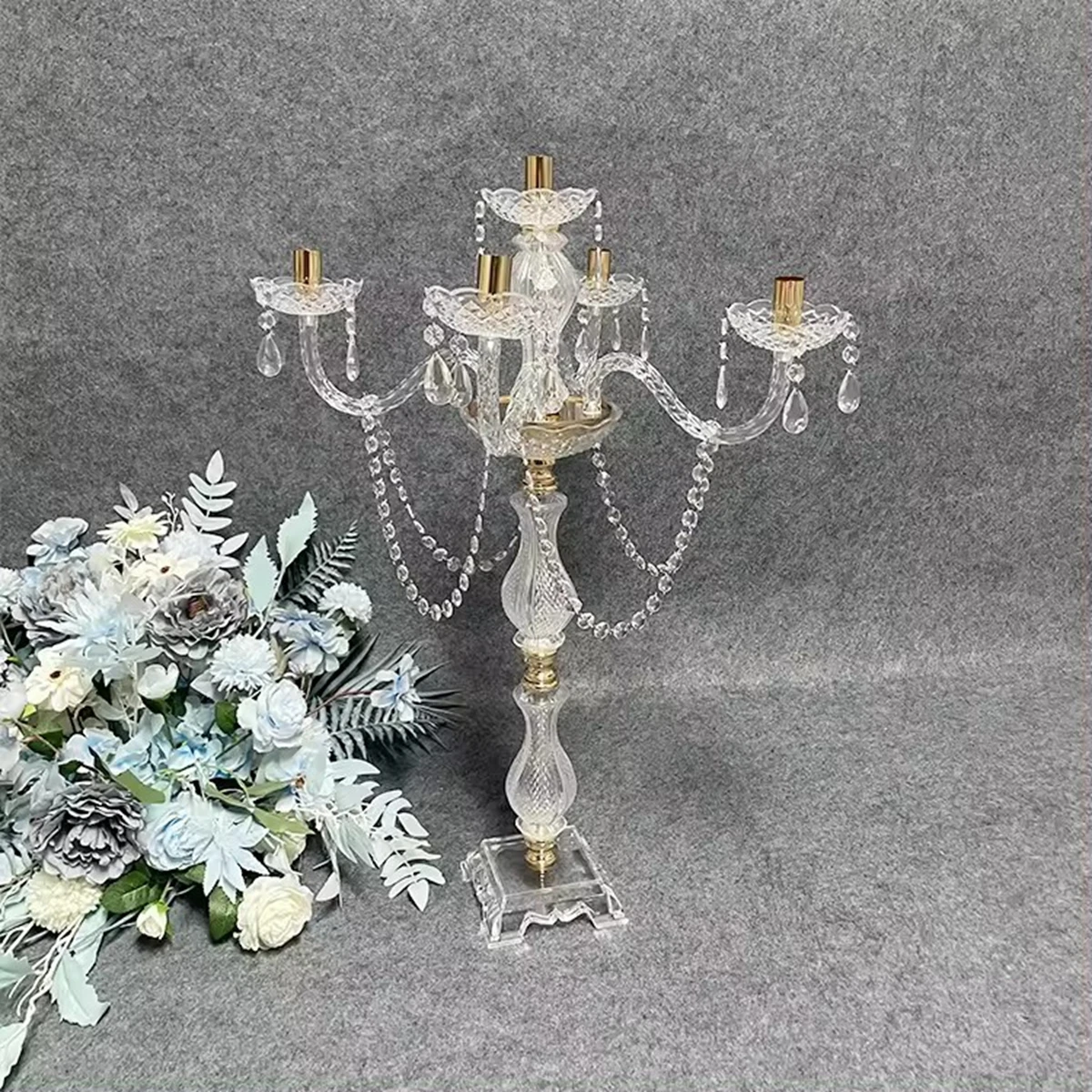 

Wholesale clear candlestick holder cheap candelabra 5 arms acrylic tall candle holder centerpiece for wedding