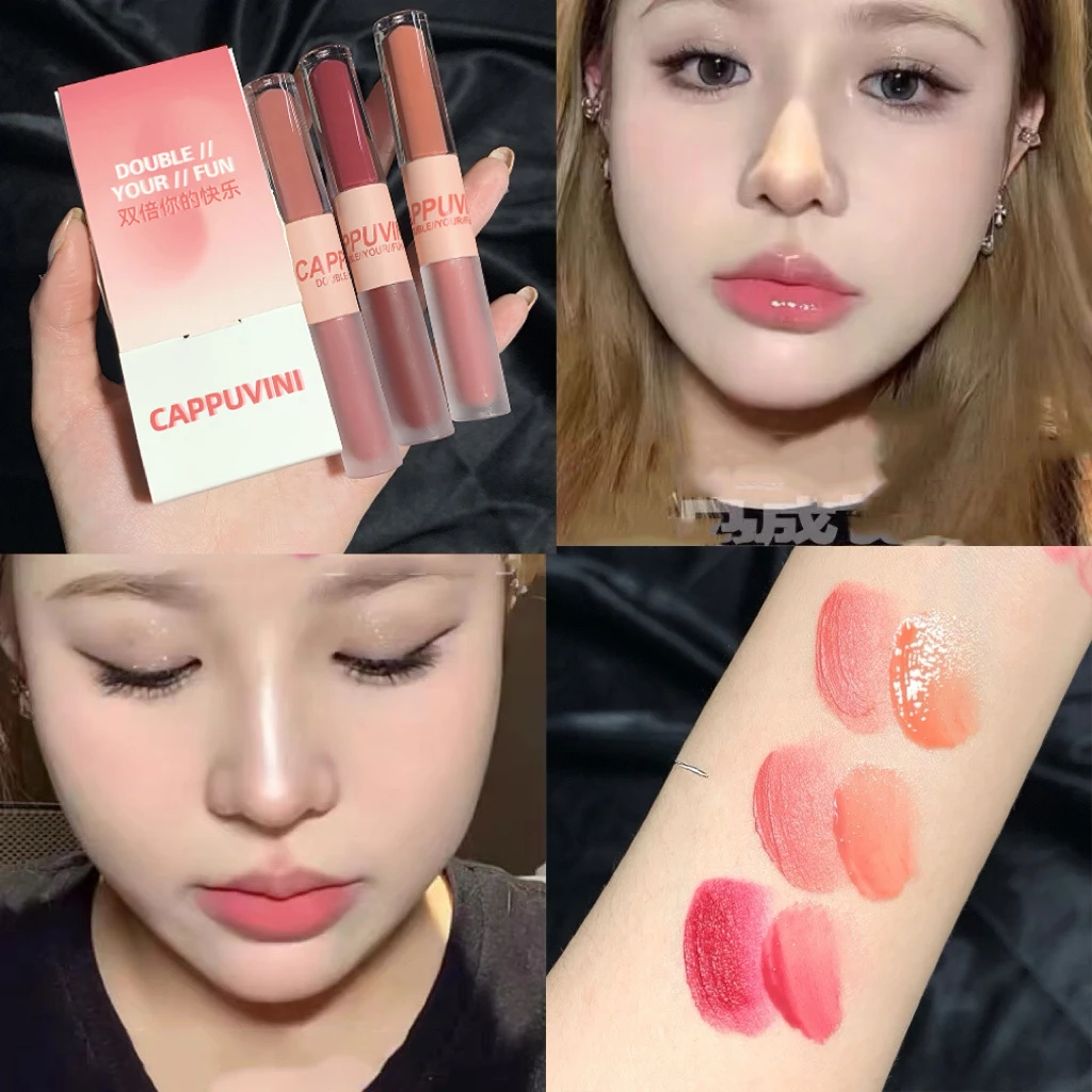 双頭リップグレーズ長持ちマット防水性と耐汗性口紅セクシーなリップメイクアップ毎日の使用