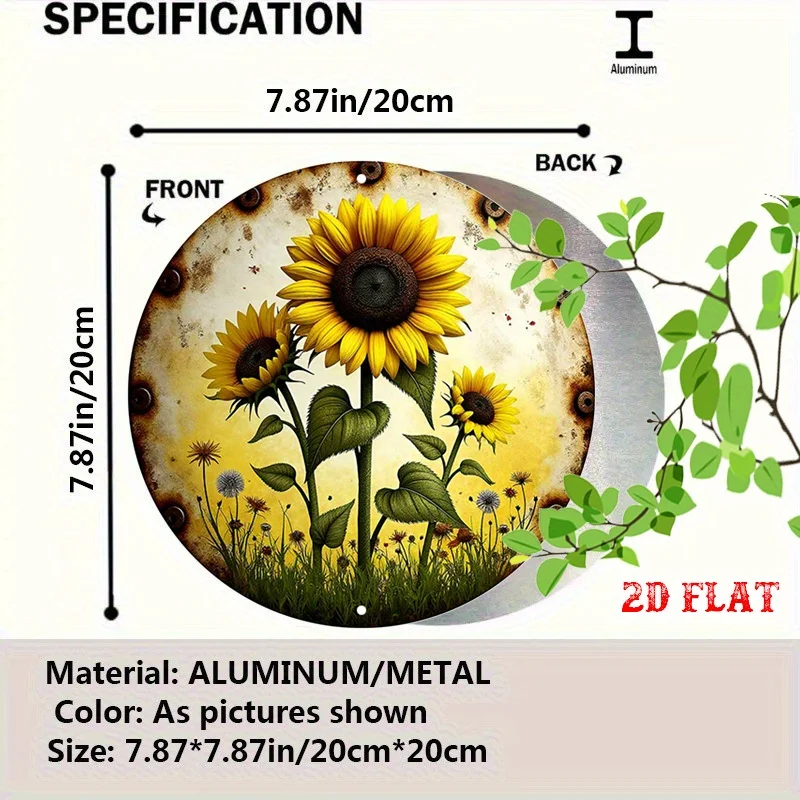2D Flat, 1pc Vintage Sunflower Field Metal Wall Art - Rustic Yellow & Round Aluminum Sign with Sunflowers, Daisies & Antique, 7.