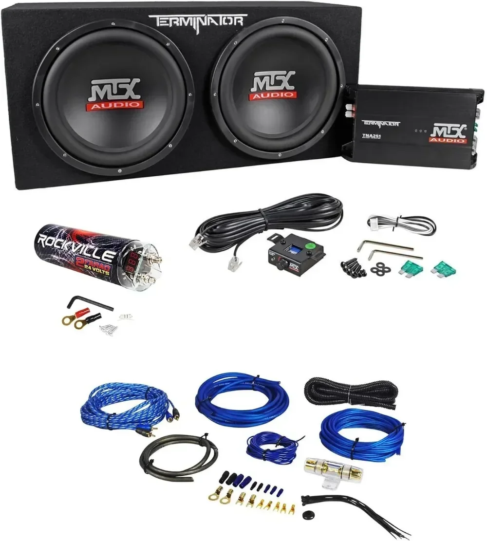 TNP212D2 1200 Watt 2 Ohm Dual 12 Subwoofers/Sub Box/Amp Package Bundle with Rockville RXC2D 2 Farad Stiffening Power