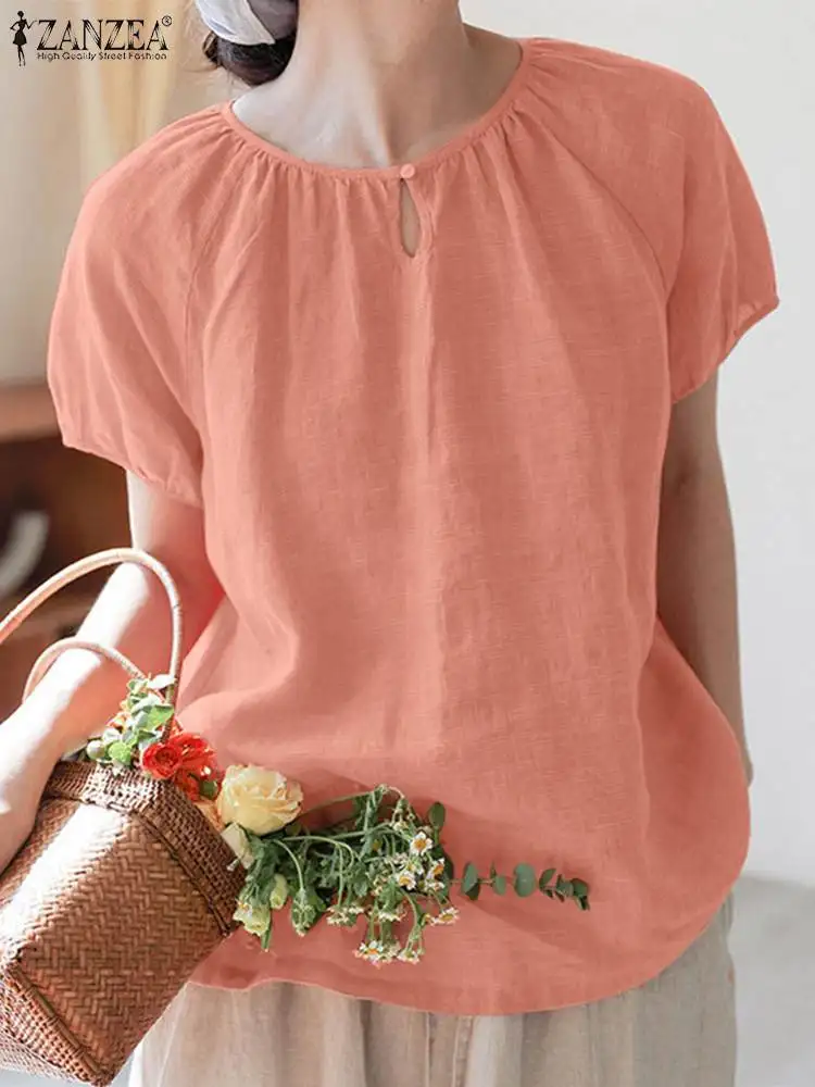 ZANZEA Women Summer Blouse Stylish O Neck Short Sleeve Shirt Casual Loose Tunic Tops Female Solid Beach Blusas Chemise Mujer