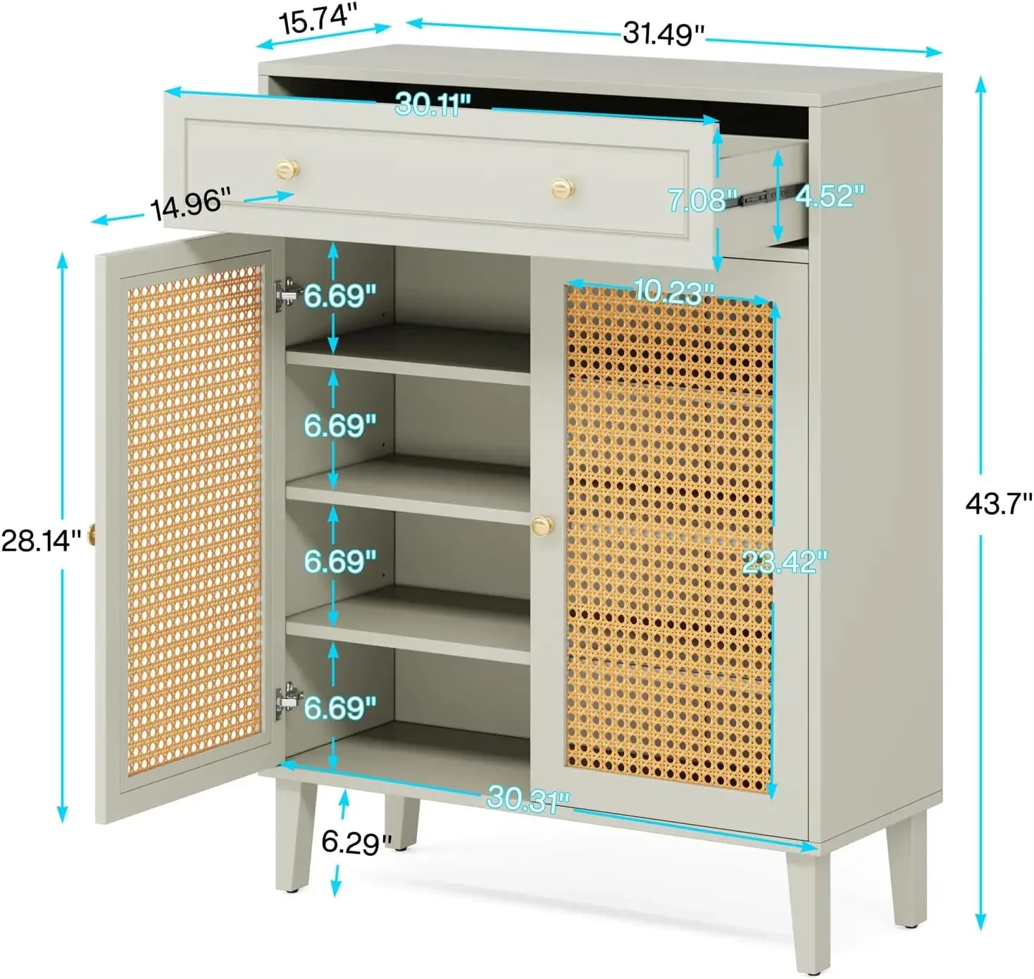 Shoe Cabinet with Doors and Drawer, Modern Shoe Storage Cabinet for Entryway, Mint Green Rattan Shoes Cabinet with Adjustable