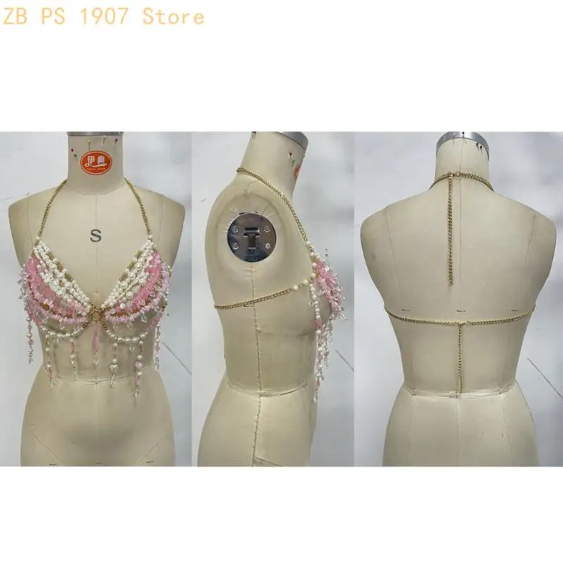 Pink White Beaded Body Chain Jewelry With Halter Necklace Styling and Torso Drape for Festival Outfits Party Looks and