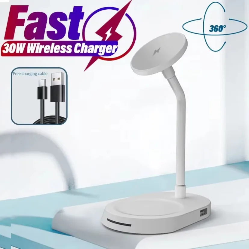 

Магнитное беспроводное зарядное устройство 3 в 1, 30 Вт, 360 градусов ° Регулируемая настольная подставка для телефона для iPhone 16, станция быстрой зарядки Airpods Samsung S24