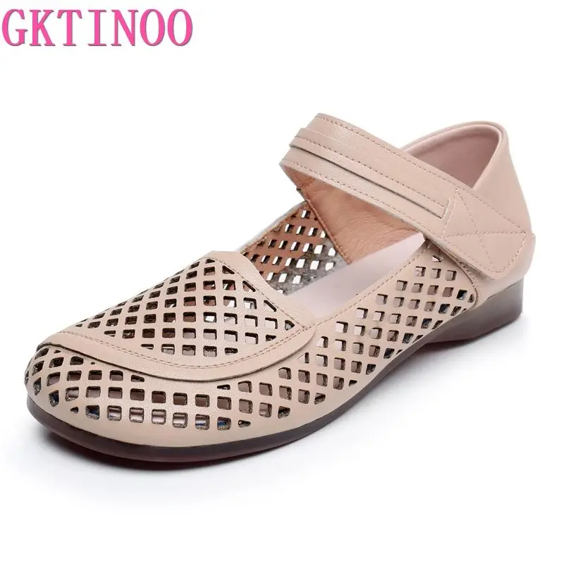 

GKTINOO 2023 Summer Genuine Leather Hollow Shoes Woman Sandals Casual Mother Flat Soft Sole Comfortable Sandals Non-slip