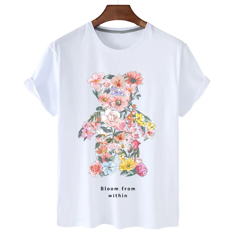 100% Cotton Bear Print Shirt Short Sleeve O Neck Loose T Shirt Women's Summer Casual Top T Shirt Men's and Women's S-4XL