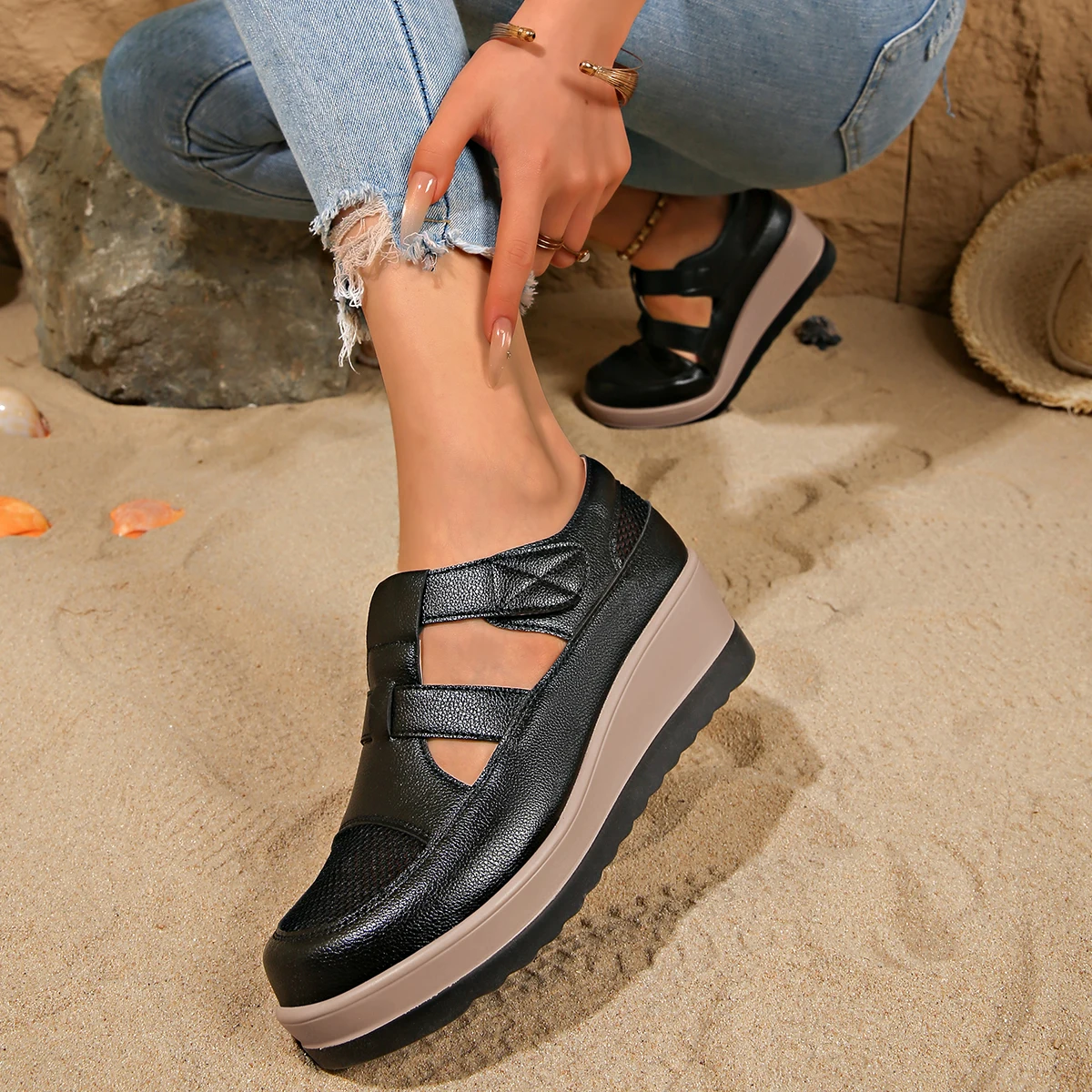 New Women's Nude Shoes-Fashionable, Simple, Versatile, Velcro Breathable, Comfortable, Slope Heel Summer Women's Shoes