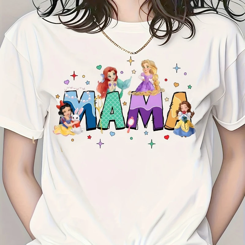 

Women's Disney Princess Squad "Mom" Pattern T-shirt - Cute Cinderella Short-sleeved Crew Neck Ariel Belle Jasmine Mulan Rapunzel