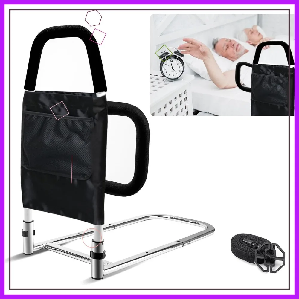 حاجز أمان لسرير المسنين مع قضبان إمساك مزدوجة، وواقي من السقوط وجيب تخزين، يناسب جميع الأسرة القياسية، ويدعم 300 رطل