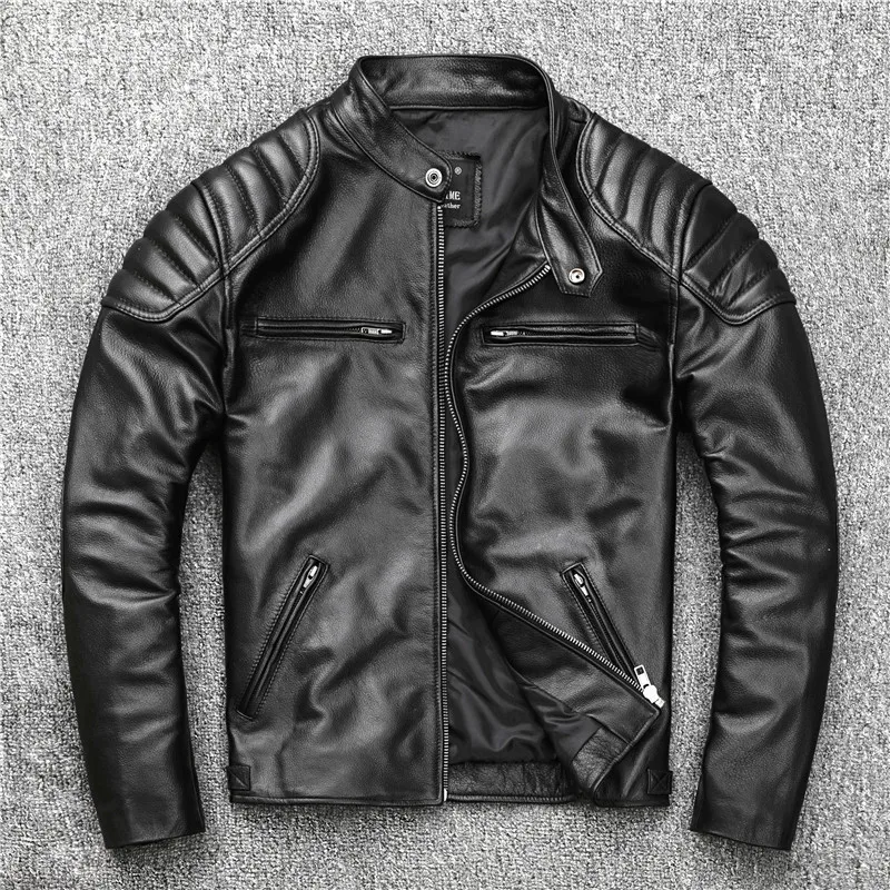

Genuine Leather Jacket For Men's Motorcycle Wear Standing Collar Youth Spring Autumn Black Vintage Real Cow Leather Jacket Man