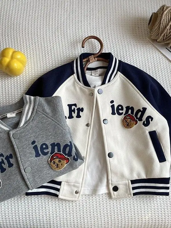 Jaqueta Infantil Masculina Estilo Beisebol com Estampa de Letras, Aodão sso, Moda Casual Primavera Outono, Roupa Infanti...
