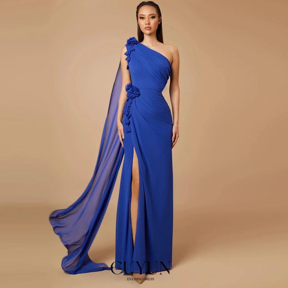 

CUYUN Royal Blue One Shoulder Evening Dresses High Slit Chiffon Handmade Flower Summer Women Party Dress Customized Prom Dress
