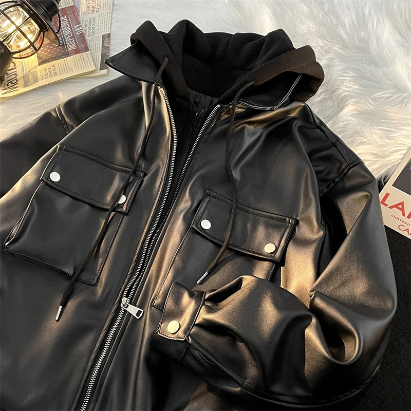 2023 New Casual Men's Leather Coat Loose Port Wind Fake Two Pu Leather Jacket Trend High Street Motorcycle Clothes Top Coats