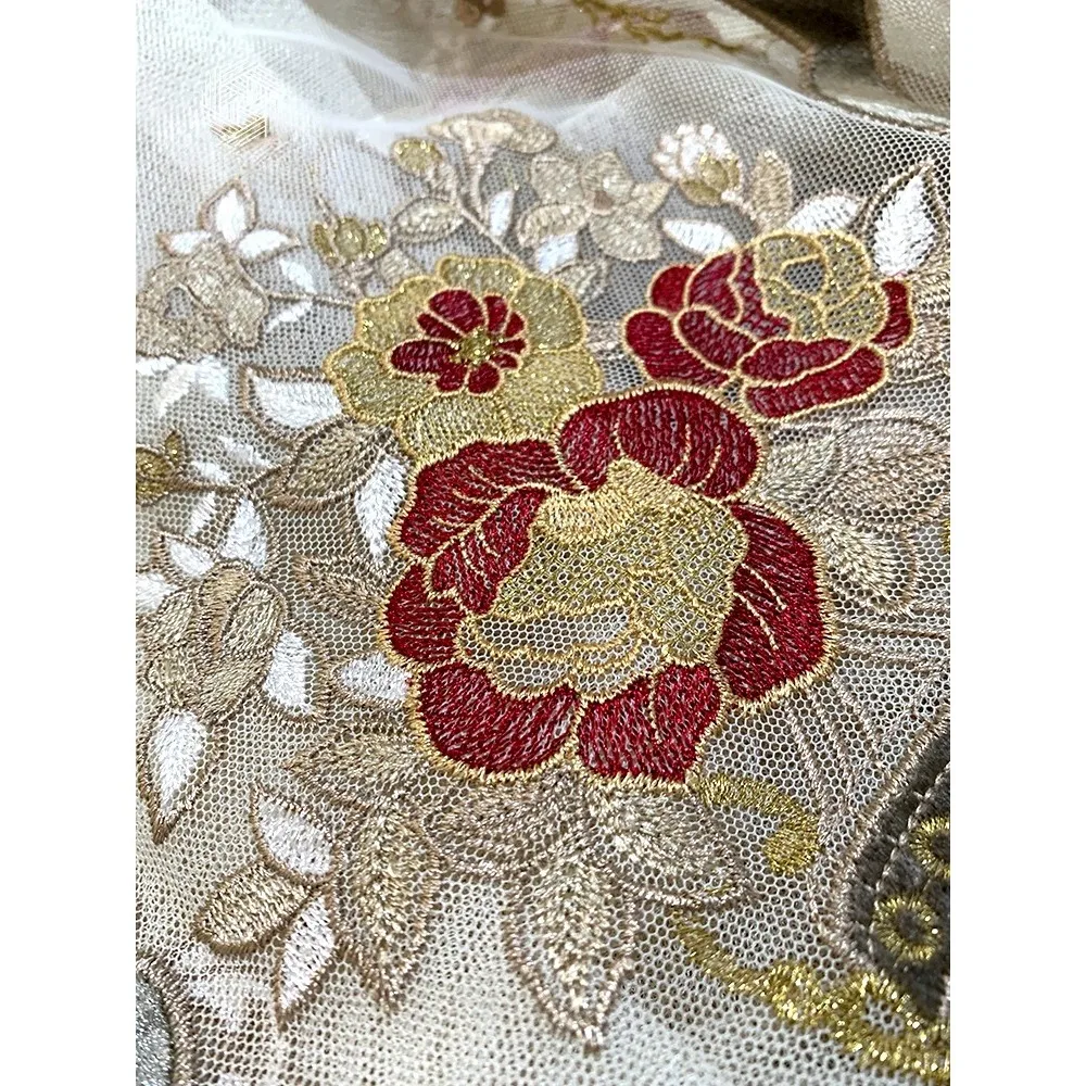 Luxury White Sheer Curtains with Red Floral Embroidery Elegant European Lace Tulle Drapes for Living Room Bedroom Balcony Decor