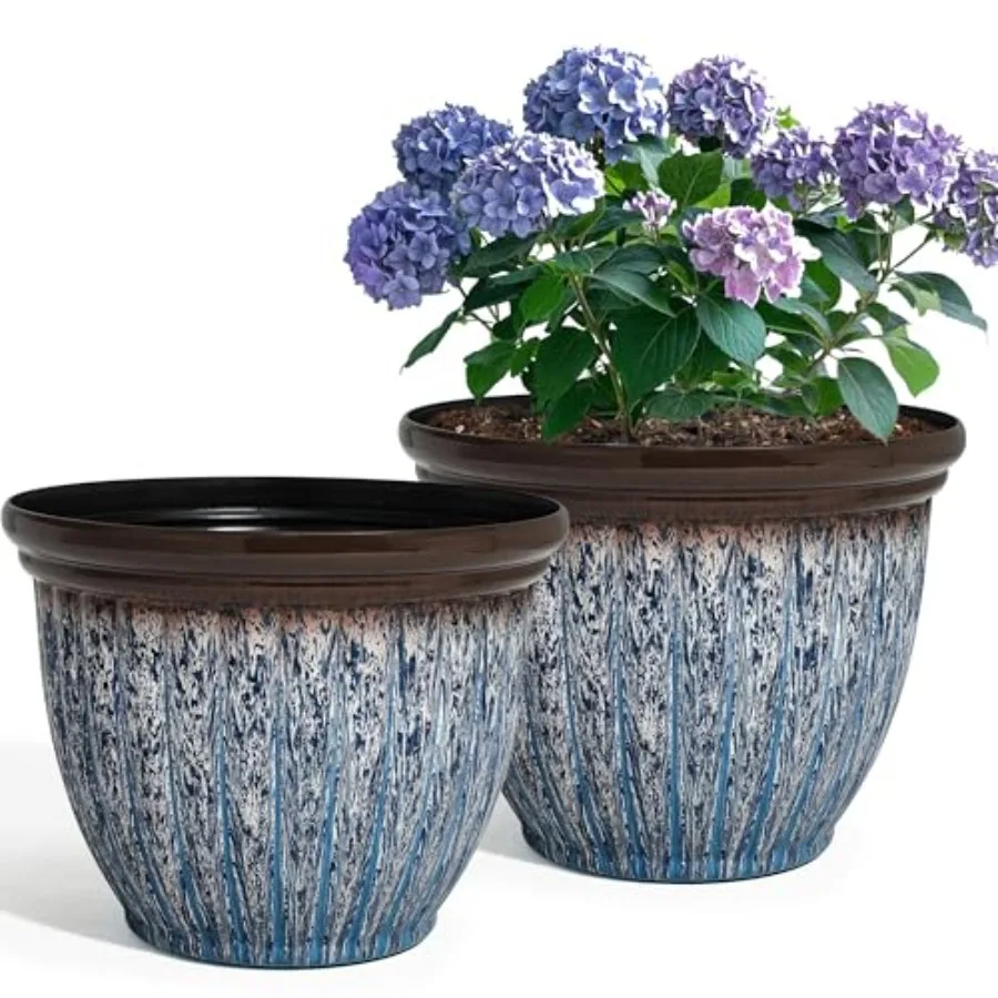 Outdoor use, plastic, black, extra-large 15-inch flower pots with drainage holes, 2-pack