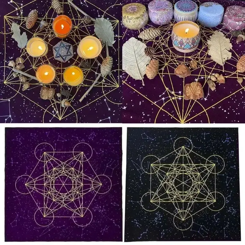 Tapis d'autel de tarot violet et noir avec cube de Metatron et ciel étoilé pour la divination tarot, la décoration rituelle Wicca et les rituels de sorcière