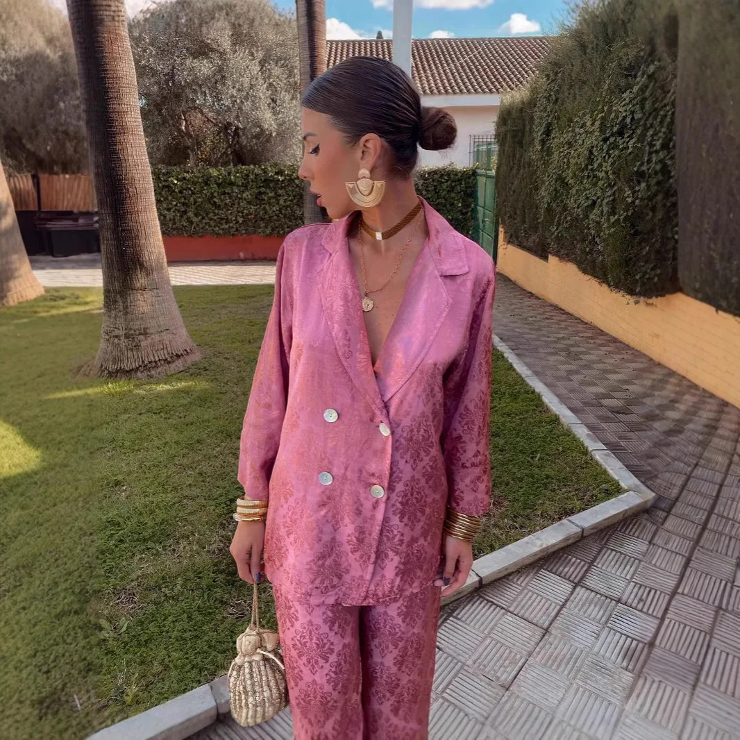 Spring 2024 V-Neck Long Sleeve High Waist Wide Leg Pants Two-Piece Set Fashionable Cross-Border Suit Jacket Commute Style PU ...