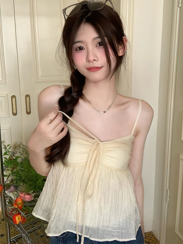 Women Linen Sweet Babydoll Ruffle Crop Sleeveless Top Thin Strap Front Bow Ties Flowy Camis Female Korean Tank Top