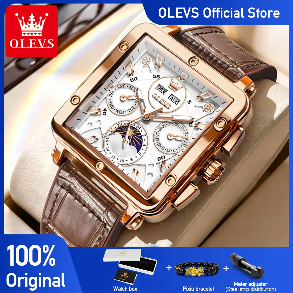 OLEVS 6749 Business Mechanical Movement Watch For Men Leather Strap Square 24-hour Moon Phase Dial Luminous 30m Waterproof Watch