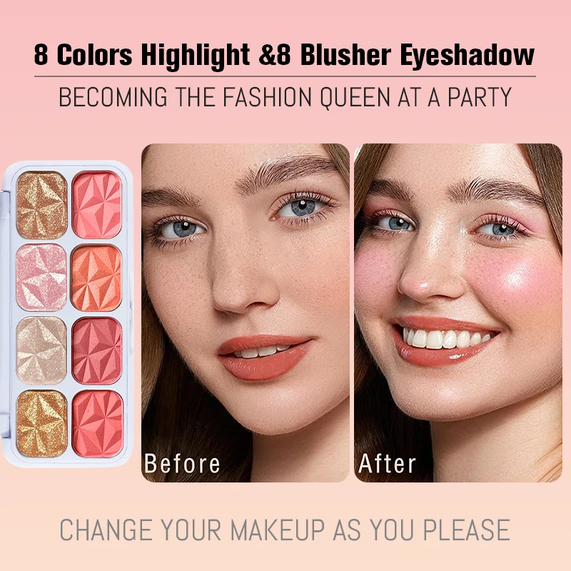 8 cores de alto brilho diamante iluminador blush placa contorno duradouro delicado pó fino rosto maquiagem paleta cosméticos