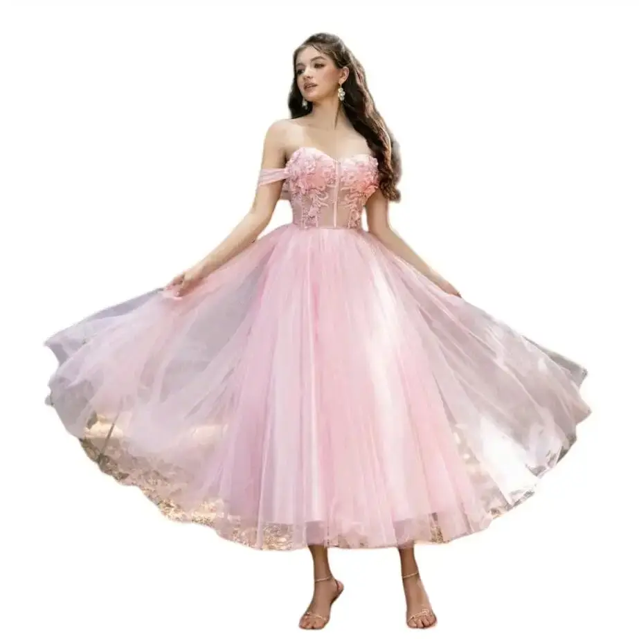 Pink Prom Dresses Women Transparent Corset Wedding Guest Dress Customized Tulle Midi vestidos de Novia Lace Party Robes