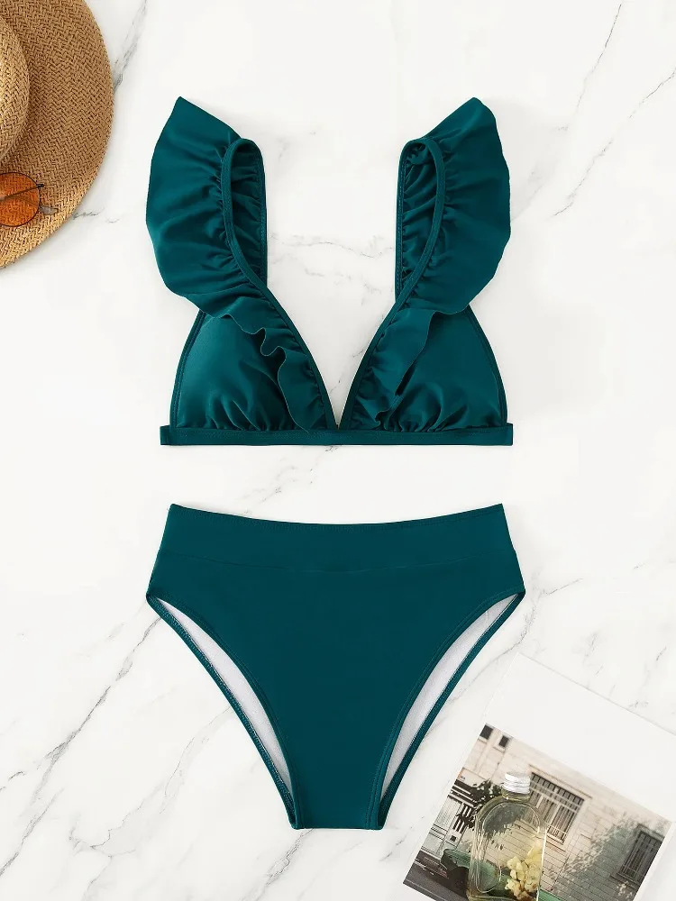 

Women 2025 New Sexy Ruffles V Bra Push Up 2 Piece Bikini Set Red Pleated High Waist Swimwear swimsuit bathing suit