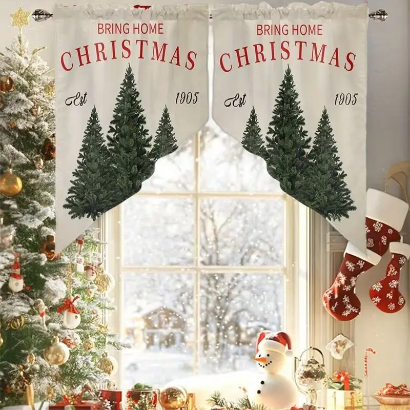 VIKAMA Christmas Triangle Curtain White Bring Home Christmas Pine Tree Print Swag Valance For Kitchen Window Living Room Decor