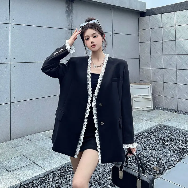 

Women's Blazers Fashion Lace Patchwork Suit Jacket for Spring and Autumn New Loose Coat Top