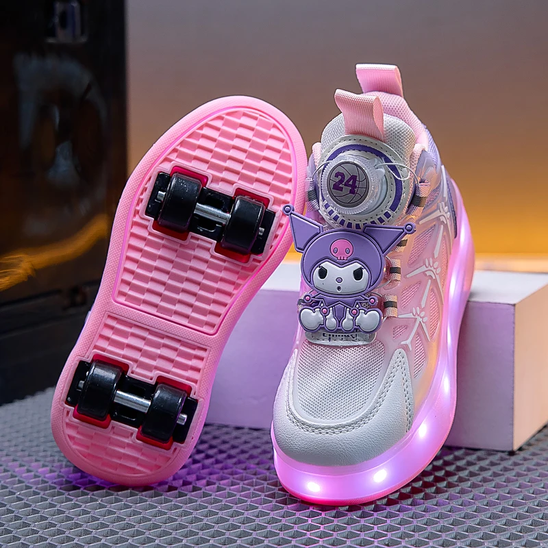 

Disney Kuromi Kids Ice Skates Shining Shoes Kawaii Sanrios Cartoon New Invisible Roller Shoes 4-Wheel Girl Thick Soled Shoes