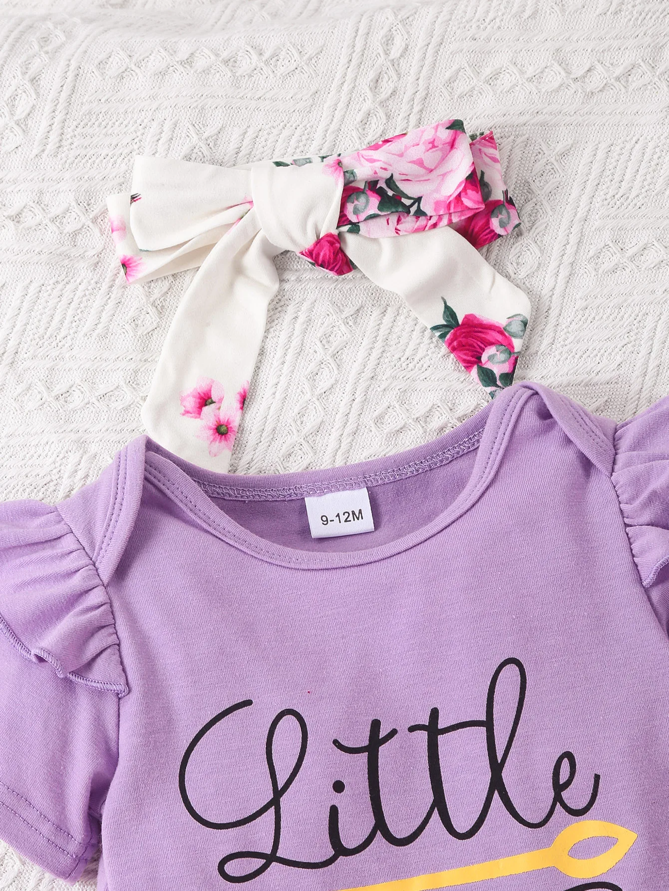 Baby Girl Summer Casual Cute Letter Print Small Flying Sleeve Triangle Top + Floral All-Over Printed Bow Bell Bottoms + Headscarf Three-Piece Set