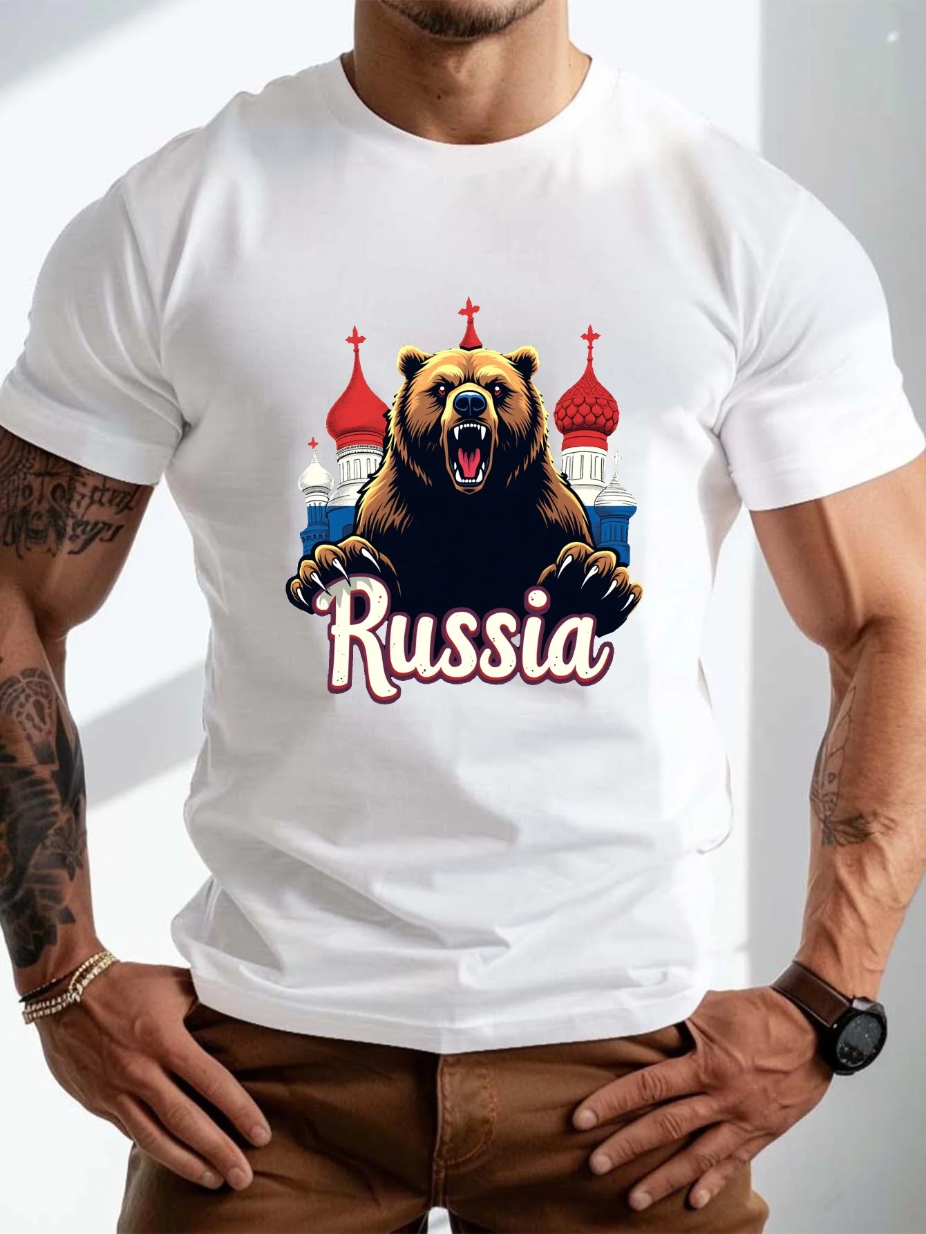 

Новая футболка — мужская футболка с рисунком больших размеров — черный русский медведь и ул. Дизайн собора базилика, повседневная текстура морщинистая