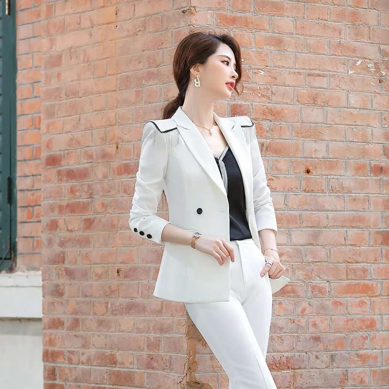 

Элегантный белый женский костюм из чистого льна с длинным рукавом для офиса, профессиональный деловой костюм для женщин