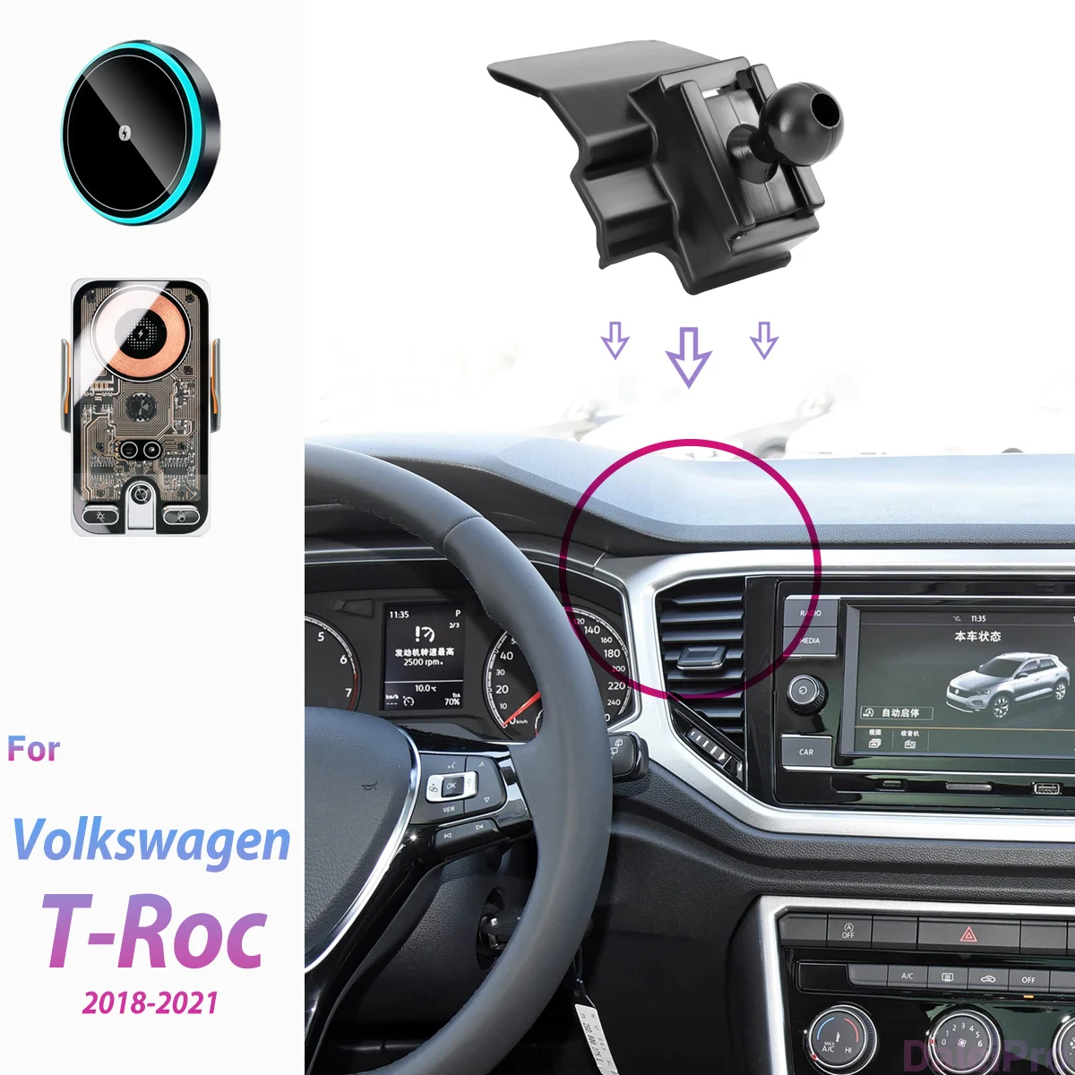 For Volkswagen VW T-Roc 2018 2019 2020 2021 Car Phone Holder Wireless Charger Phone Auto-Clamping Strong Magnetic Holder Base