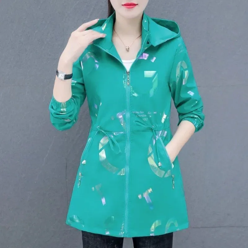 Authentic Casual Windbreaker Jacket Women's Overcoat New Spring Autumn Long Fashion Slim Lace-Up Printed Hooded Coat Tops