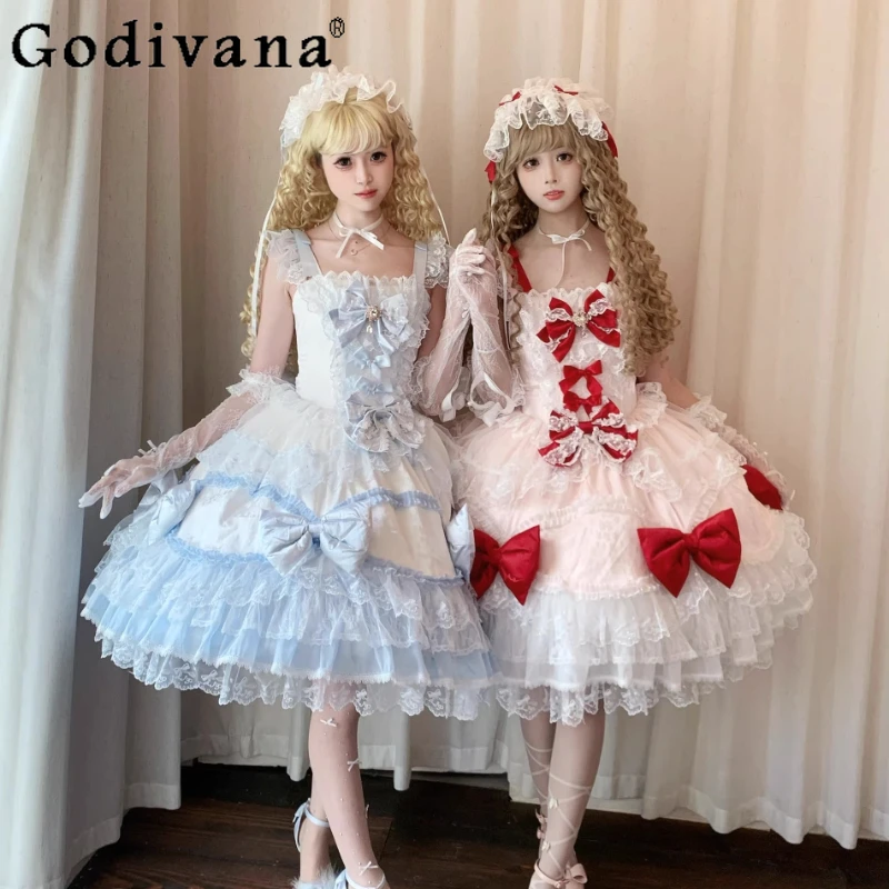 

Original Japanese Lolita Style Sweet Dress JSK Bow Lace Splice Heavy Women's Birthday Party Dress Girl's Princess Dress Summer
