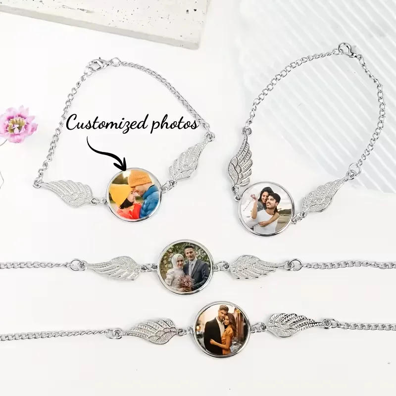 Custom Photo Angel Wing Charm Bracelet Personalized Sentimental Jewelry Gift for Girlfriend Boyfriend Mom Best Friend Birthday