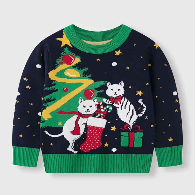 New 2025 Kids Cartoon Cat Jacquard Christmas Warm Knitted Pullover Sweater Casual Jumpers Baby Girls Autumn Winter Xmas Sweaters