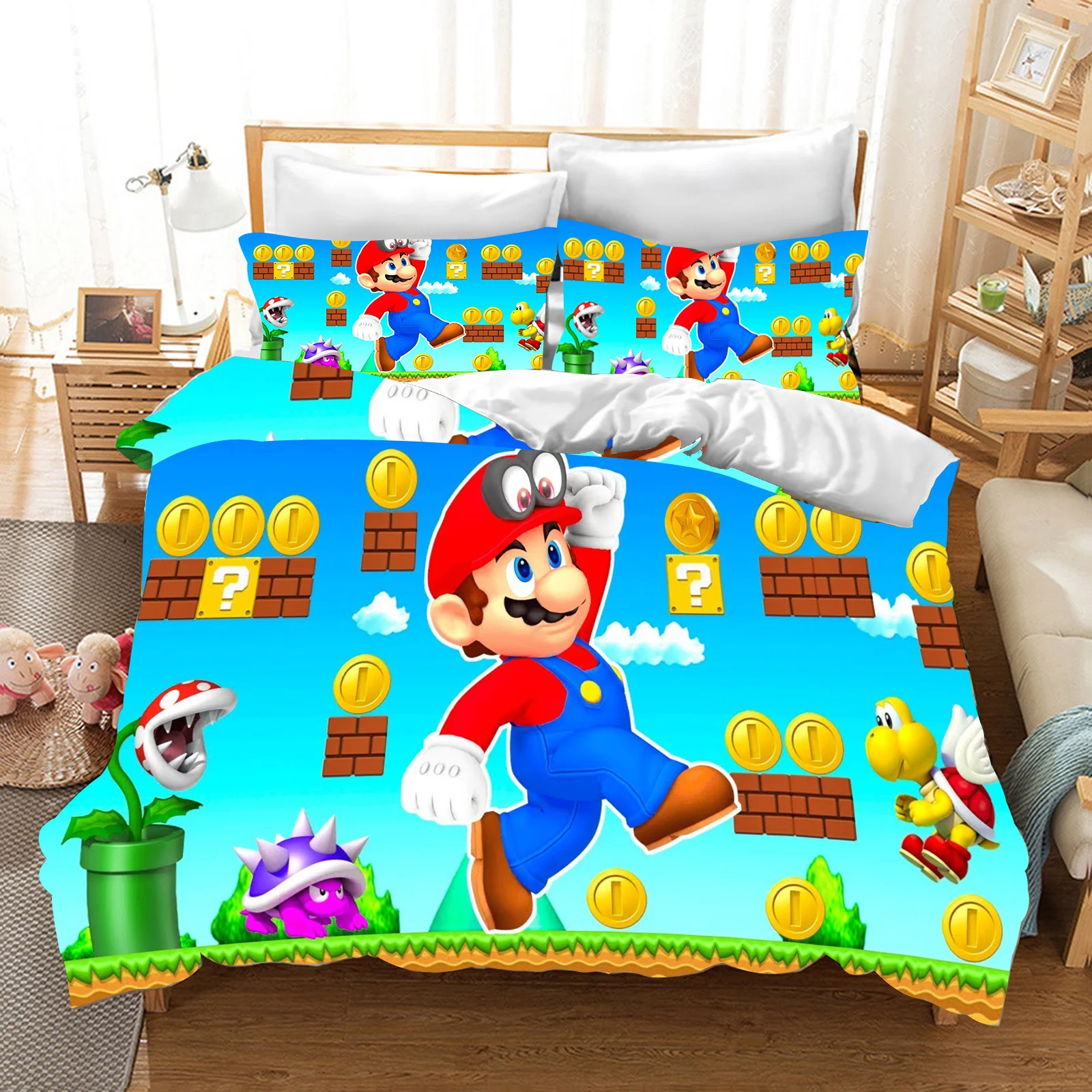 Anime Mario Cartoon Duvet Cover, 3D Printing, Cute Children's Bedroom Set, Polyester, Adult Gift, 3Pcs