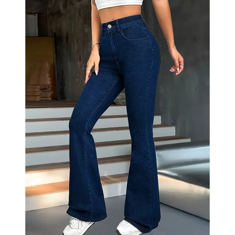Lady Fashion Simple High Waist Jeans Women Dark Blue Versatile Flared Pants Girls Stretch Slim Fit Denim Trousers