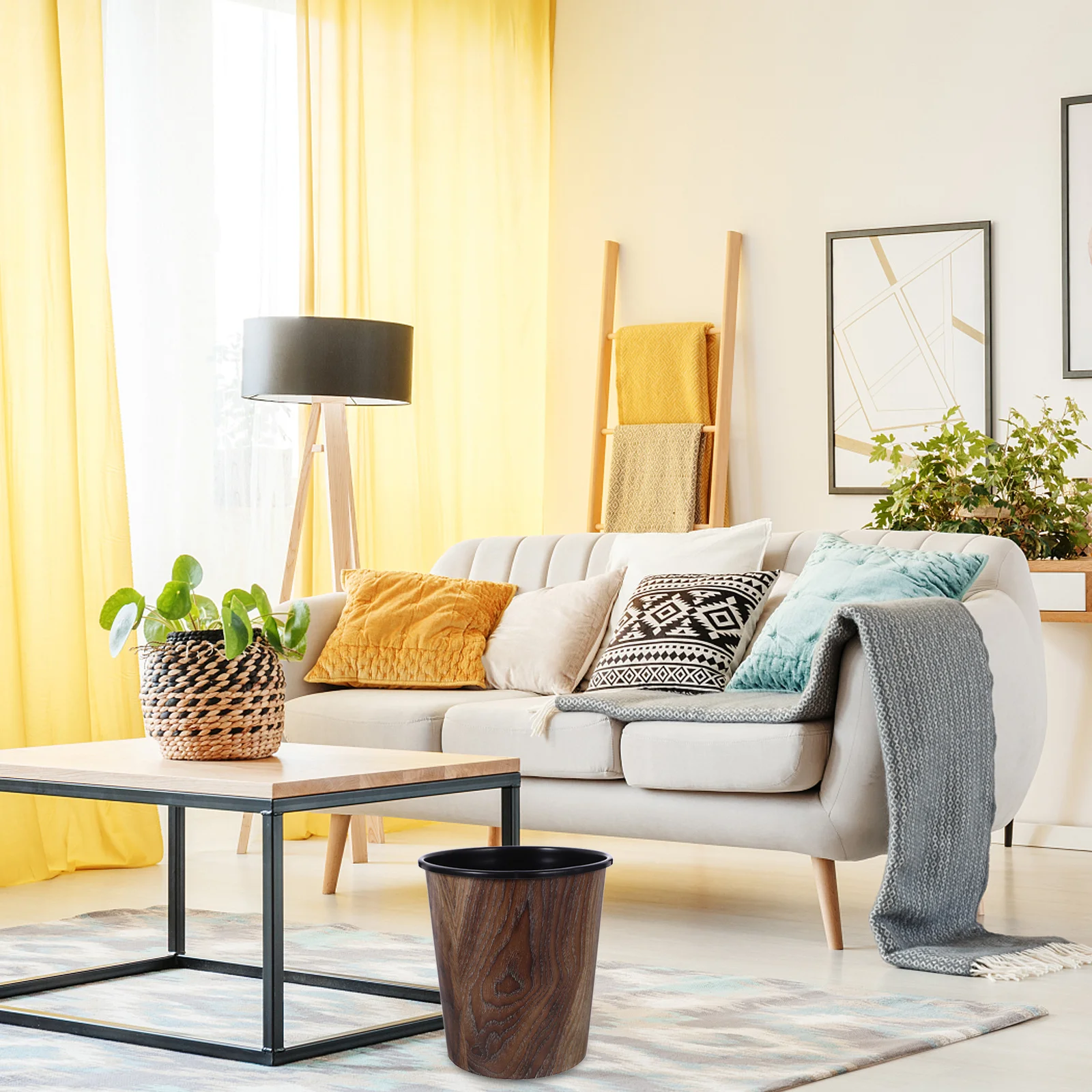 

Imitation Wood Grain Trash Can Compact Desktop Waste Basket for Office Home Use Plastic Garbage Container Room Trash Bin