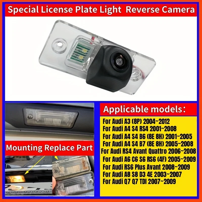 Car Rear View Backup Camera, HD License Plate Light Replacement for Audi A3 A4 A6 A8 Q7 S4 RS4 RS6 S6 S8 (2001-2012 Models)