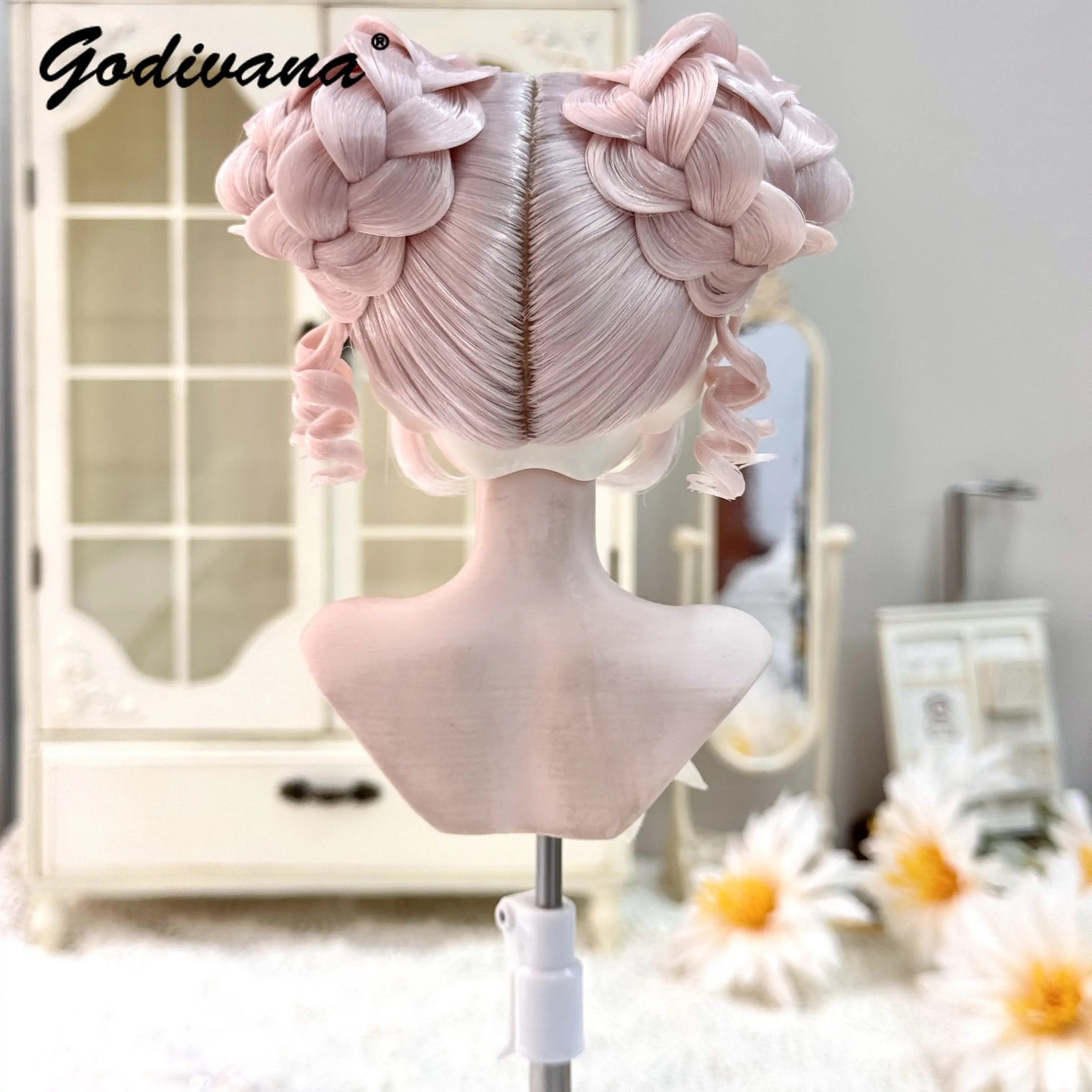 Original Kawaii Double Chignon Doll Wig with Ribbon Bow and Crystal Sweet Bangs Updo Hair for 1/3 1/4 1/6 BJD Blythe Doll