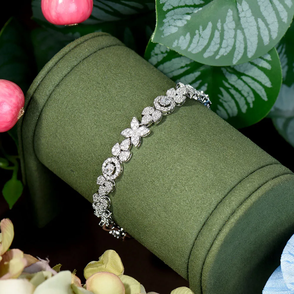 HIBRIDE Super Luxury Flower Round White Cubic Zirconia Bracelets For Women Wedding Engagement Party Jewelry Accessories B-190