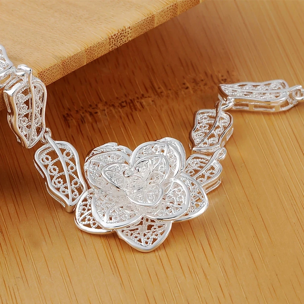 925 sterling Silver Beautiful flower rings bracelet Jewelry set for women charm fashion party wedding accessories Christmas Gift