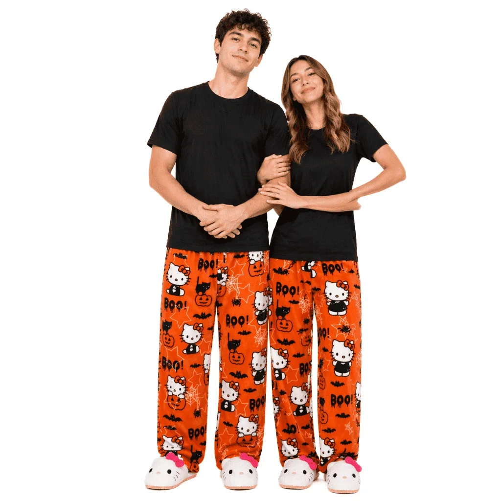 Cute Kawaii Halloween Hello Kitty Flannel Pajama Pants Orange Pumpkin Print Womens Wide Leg Soft Sleepwear Home Trousers Gift