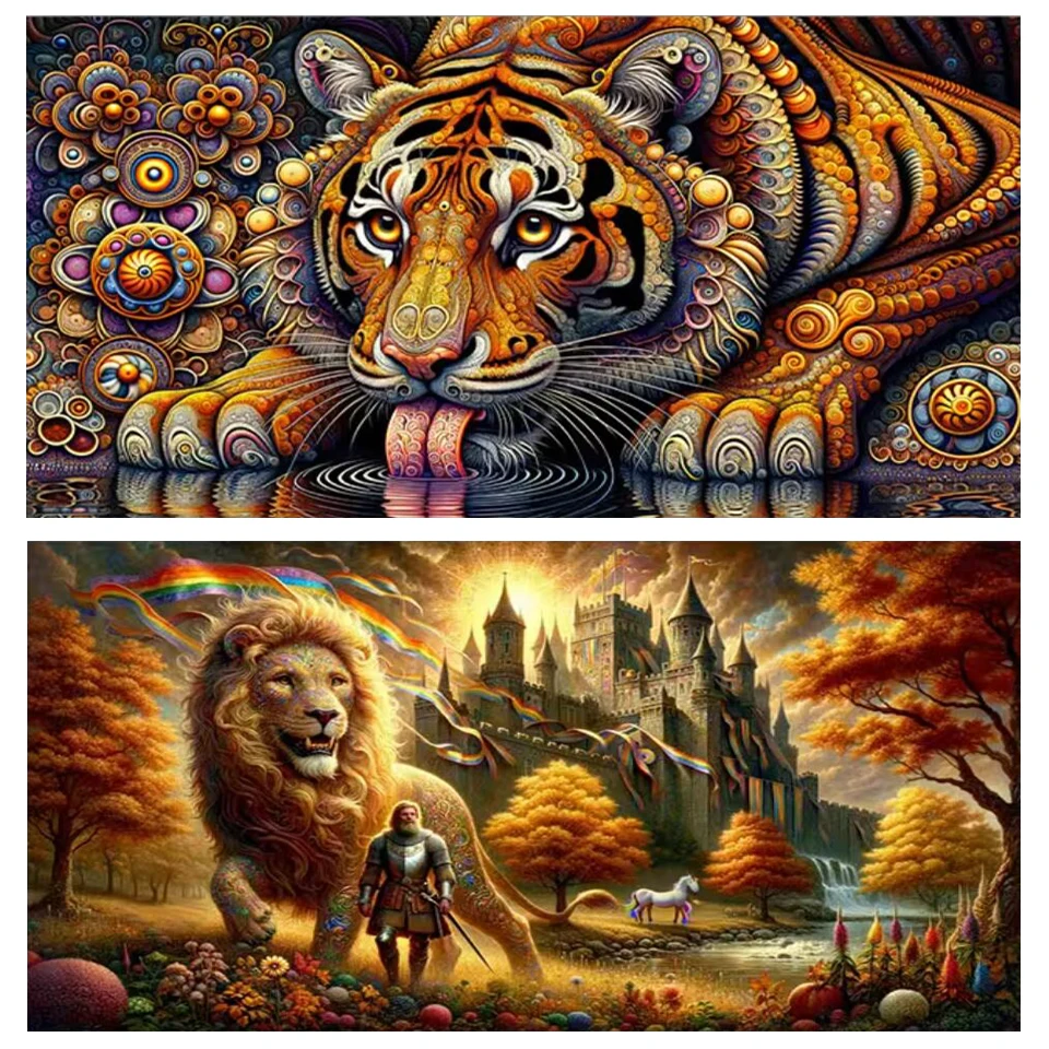 Tiger And Lion DIY Diamond Painting Cross Stitich Kits Full Diamond Mosaic Embroidery Mystical Animals Of New Year Decor Gift